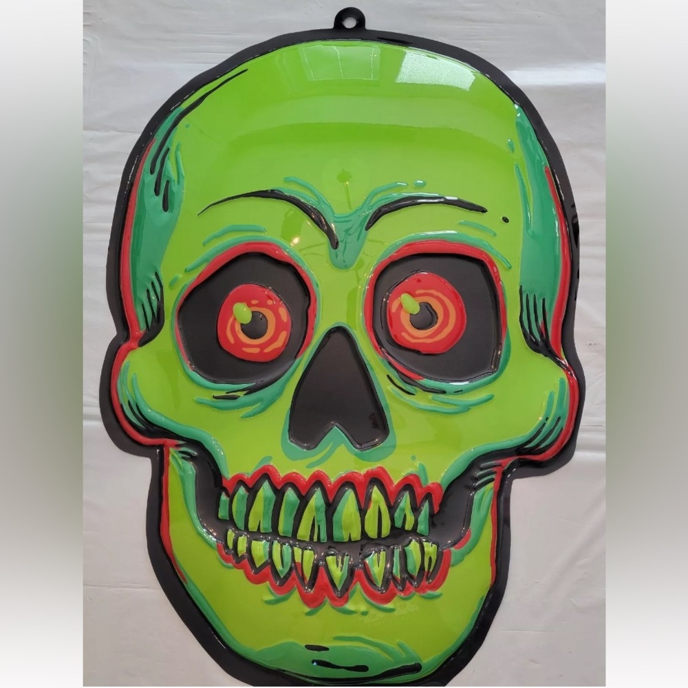 2024 Hyde & Eek Retro Style Halloween Neon Green Skull Wall Decor Large 20x30